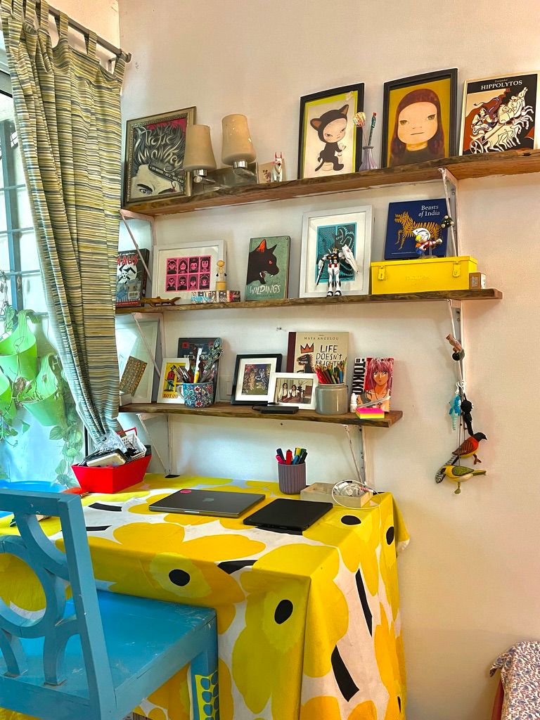Blue chair and shelves